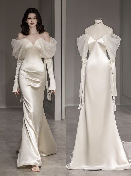 Vestido de novia atemporal de sirena con hombros descubiertos, satén, mangas largas, elegante, DH900