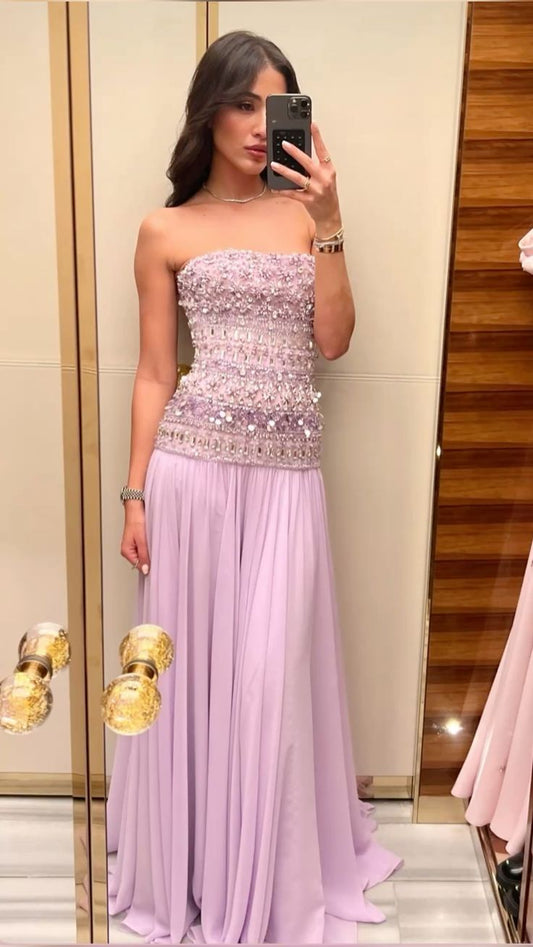 Elegante vestido de fiesta largo de gasa lila sin tirantes, corte A, para verano, para 20 cumpleaños y 18 años, DH903