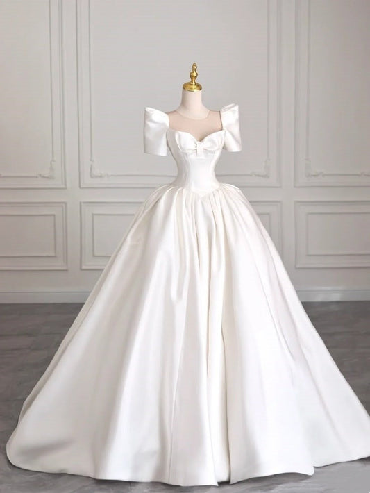 Vestido de novia atemporal, corte corazón, mangas cortas, satén blanco, elegante, DH905