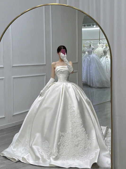 Vestido de novia atemporal, vestido de fiesta, sin tirantes, blanco, sin mangas, satén, largo, elegante, DH908