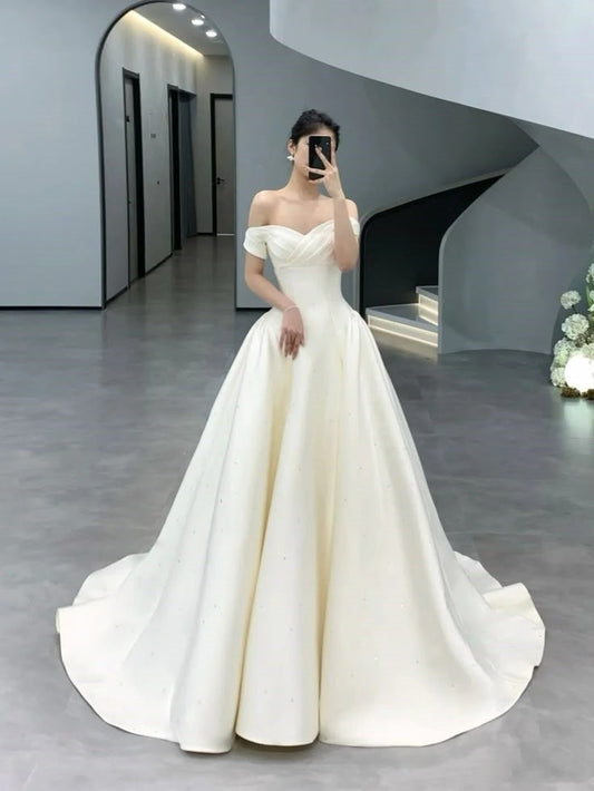 Vestido de novia atemporal, vestido de fiesta, hombros descubiertos, blanco, manga corta, vestidos de novia largos, elegantes vestidos de novia DH909