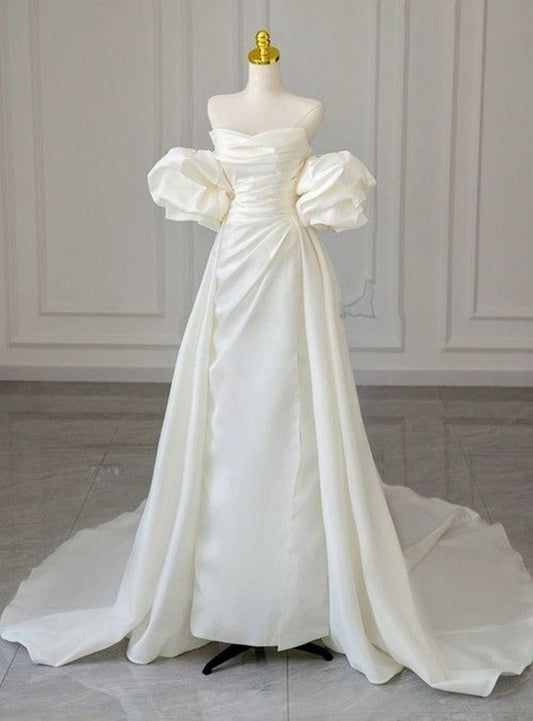 Vestido de novia atemporal, corte tubo, hombros descubiertos, blanco, manga corta, largo, elegante, DH910