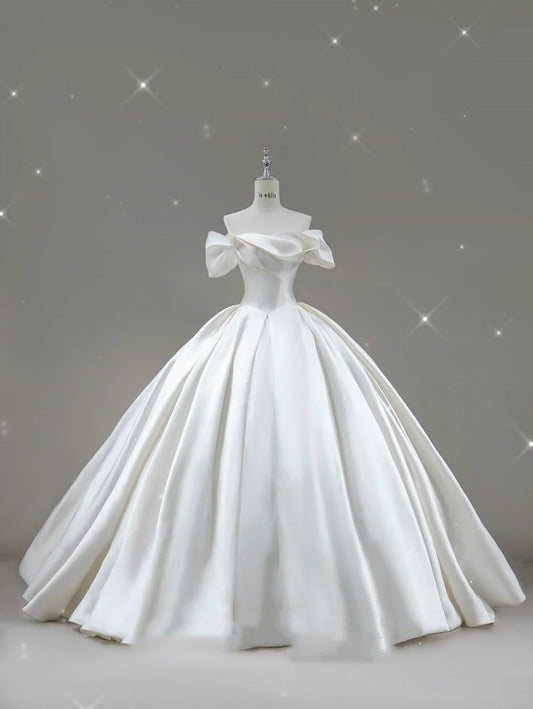Vestido de novia atemporal, vestido de fiesta, hombros descubiertos, blanco, manga corta, vestidos de novia largos, elegantes vestidos de novia DH912