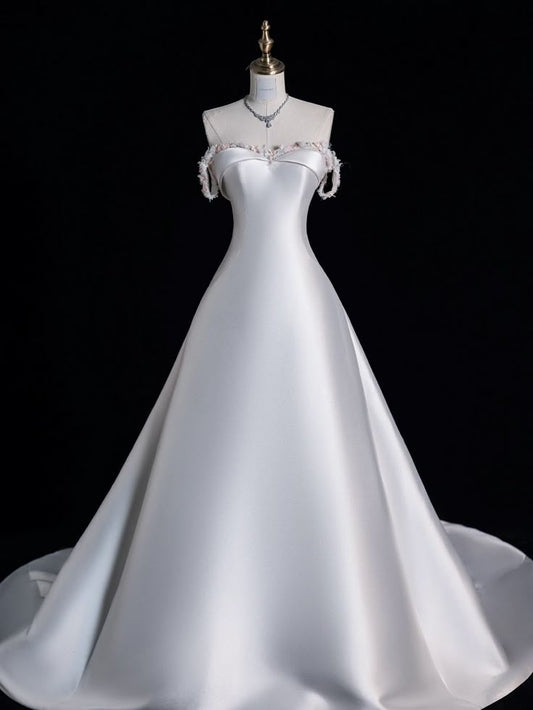 Vestido de novia atemporal, corte corazón, flores artesanales, satén blanco, elegante, DH913