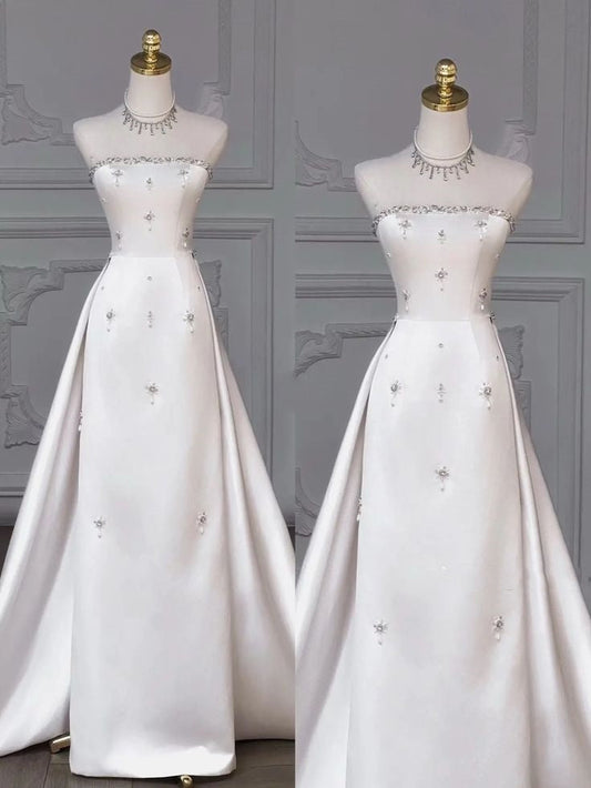 Vestido de novia atemporal, sin tirantes, de satén, sin mangas, blanco, elegante, DH914