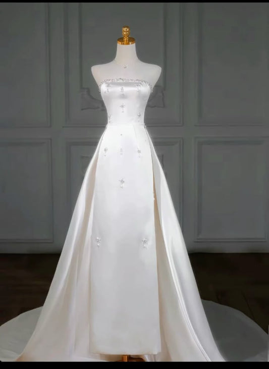 Vestido de novia atemporal, sin tirantes, de satén, sin mangas, blanco, elegante, DH914