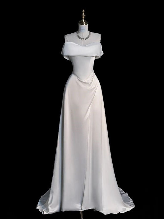 Vestido de novia sencillo, corte A, hombros descubiertos, blanco, manga corta, largo, elegante, DH915