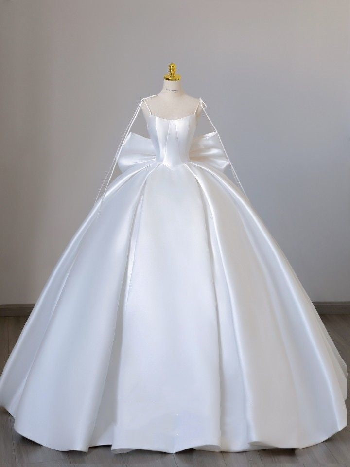 Vestido de novia modesto, vestido de fiesta con tirantes finos, sin mangas, satén blanco, elegante, DH919