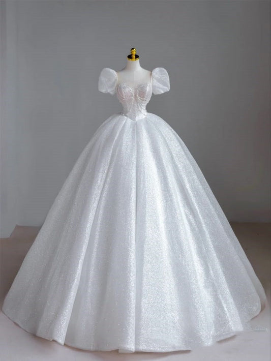 Vestido de novia atemporal, corte corazón, mangas cortas, lentejuelas, blanco, elegante, DH920