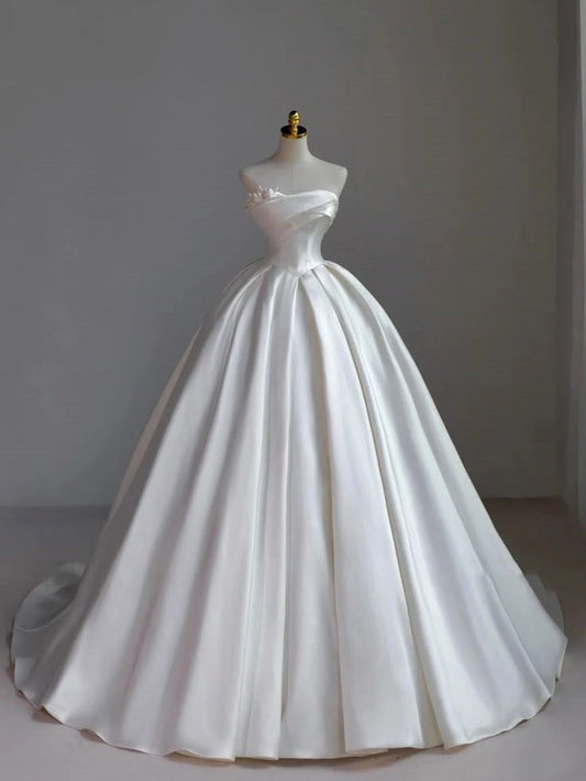 Vestido de novia princesa, vestido de baile, sin tirantes, sin mangas, de satén blanco, elegante, DH921