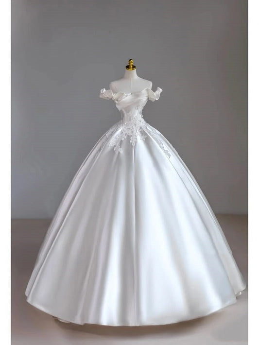 Vestido de novia estilo princesa, con hombros descubiertos, encaje blanco, mangas cortas, largo, elegante, DH923