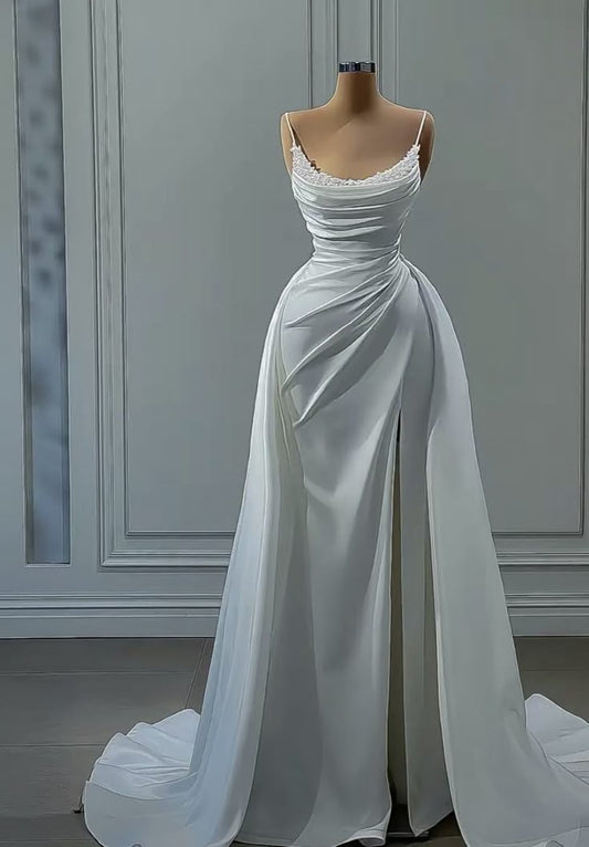Vestido de novia sencillo de corte sirena con tirantes finos, blanco, sin mangas, largo, elegante, DH924