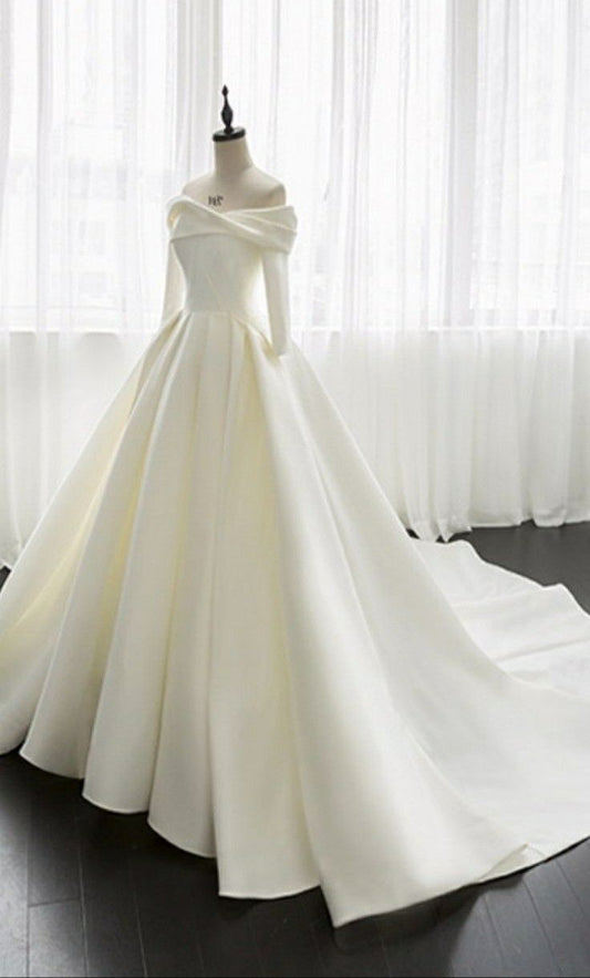 Vestido de novia princesa, vestido de baile, hombros descubiertos, blanco, satén, largo, elegante, DH926