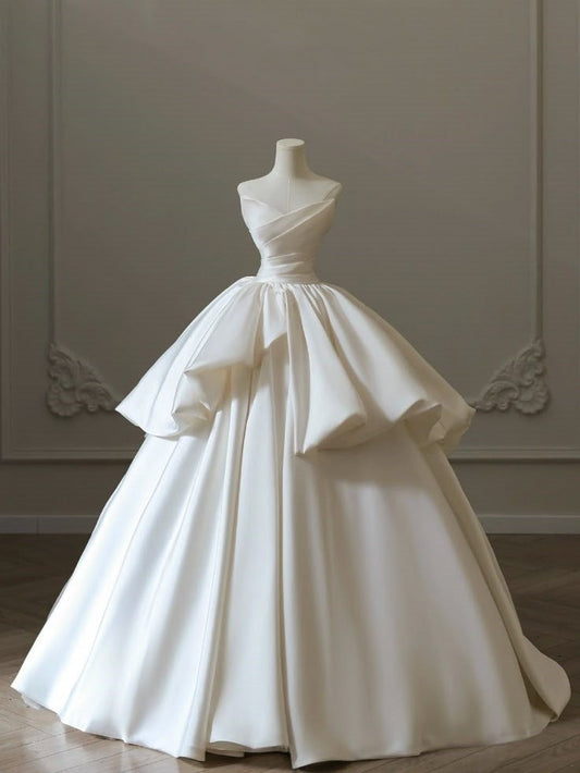 Vestido de novia princesa, vestido de baile, sin tirantes, sin mangas, satén blanco, elegante, DH927