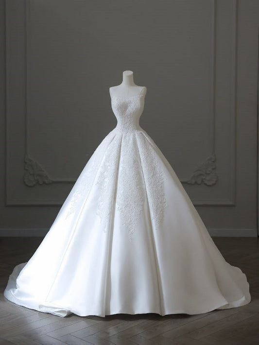 Vestido de novia princesa, vestido de baile, sin tirantes, sin mangas, satén, encaje blanco, elegante, DH928