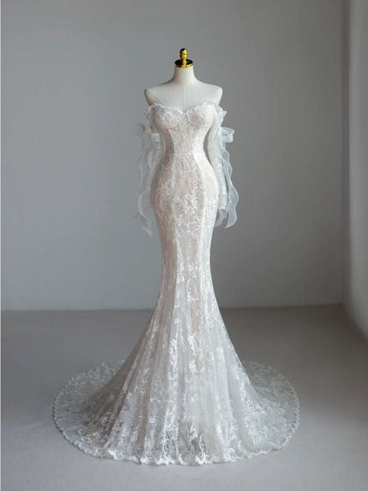 Vestido de novia sencillo de corte sirena con hombros descubiertos, blanco, mangas largas, encaje, elegante, DH929