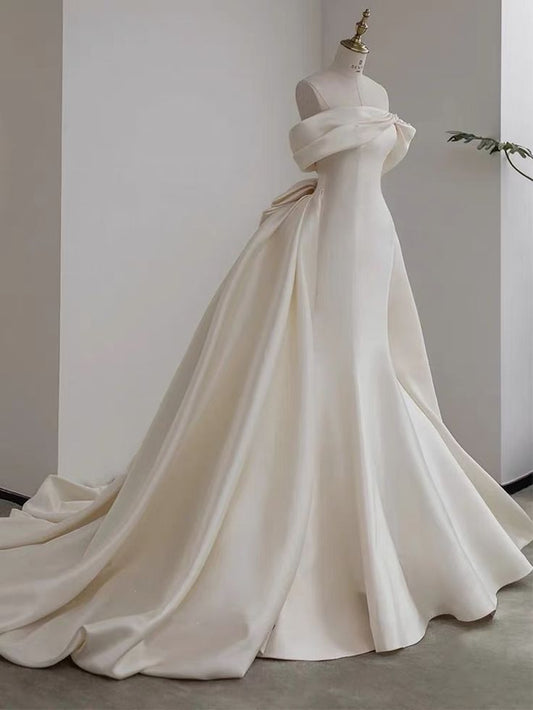 Vestido de novia único de corte sirena con hombros descubiertos, satén, mangas cortas y plisado, elegante DH931