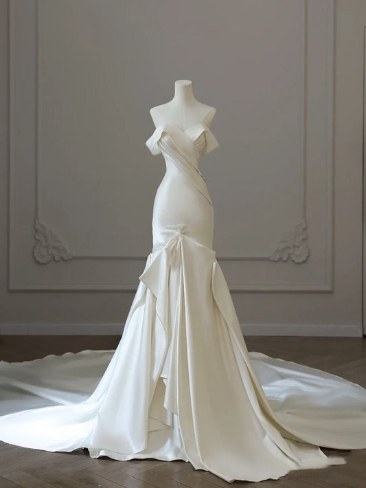 Vestido de novia único de corte sirena con hombros descubiertos, satén, mangas cortas y plisado, modesto, DH932