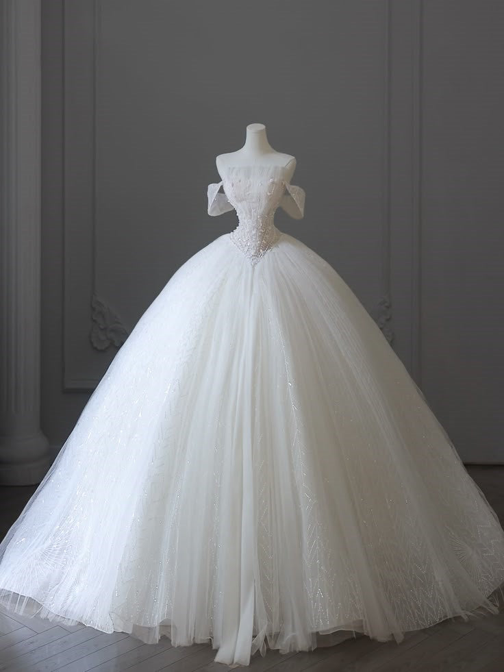 Vestido de novia atemporal, vestido de fiesta con hombros descubiertos, tul blanco con lentejuelas, vestidos de novia largos, elegantes vestidos de novia DH934