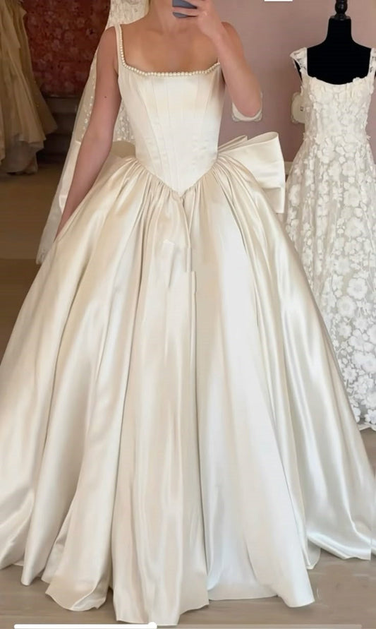 Vestido de novia único, vestido de fiesta, escote cuadrado, satén, sin mangas, plisado, modesto, DH938