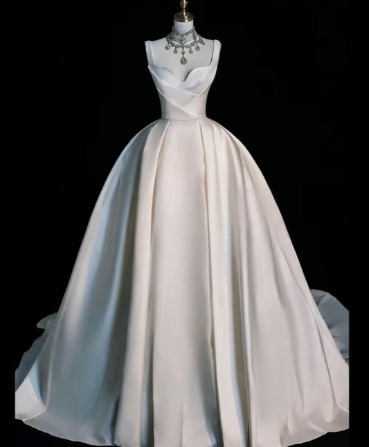 Vestido de novia princesa, corte corazón, sin mangas, de satén blanco, bonitos vestidos de novia DH939