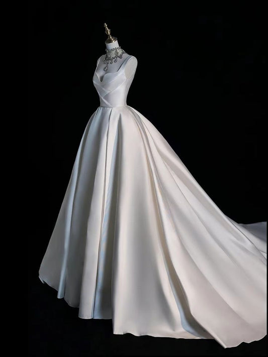 Vestido de novia princesa, corte corazón, sin mangas, de satén blanco, bonitos vestidos de novia DH939