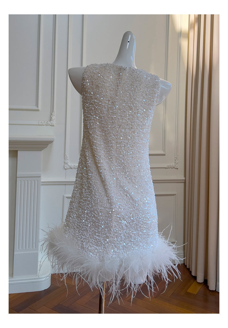 Bonitos vestidos de fiesta de verano para octavo grado, corte A, escote redondo, cortos, con lentejuelas blancas, estilo hoco, DH93