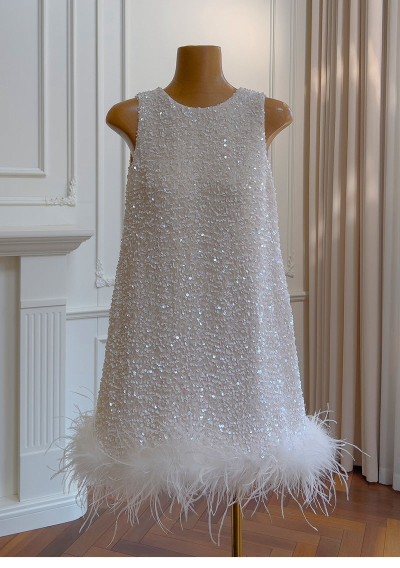 Bonitos vestidos de fiesta de verano para octavo grado, corte A, escote redondo, cortos, con lentejuelas blancas, estilo hoco, DH93