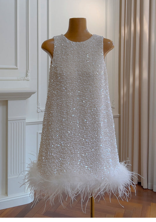 Bonitos vestidos de fiesta de verano para octavo grado, corte A, escote redondo, cortos, con lentejuelas blancas, estilo hoco, DH93