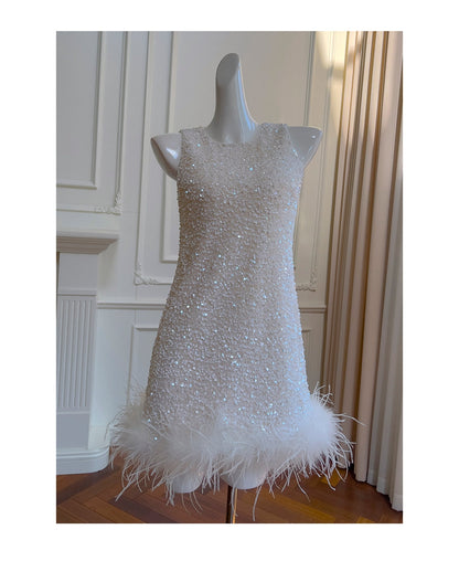Bonitos vestidos de fiesta de verano para octavo grado, corte A, escote redondo, cortos, con lentejuelas blancas, estilo hoco, DH93