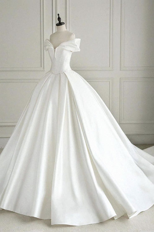 Vestido de novia atemporal, vestido de fiesta con hombros descubiertos, blanco, de satén, largo, elegante, DH942