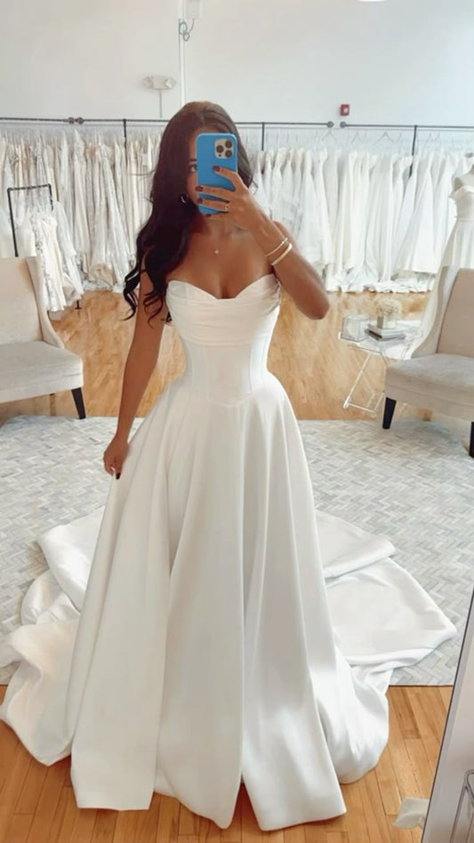 Vestido de novia único, corte A, escote corazón, satén, sin mangas, plisado, modesto, DH944