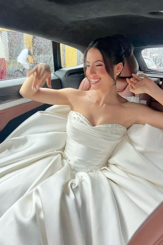 Vestido de novia princesa, corte corazón, sin mangas, satén blanco, bonitos vestidos de novia DH947
