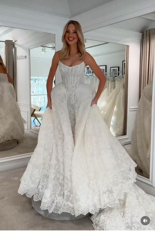 Vestido de novia único de sirena sin tirantes, de encaje, sin mangas, blanco, modesto, DH951