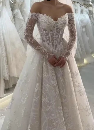 Vestido de novia atemporal, vestido de fiesta, hombros descubiertos, apliques de encaje blanco, mangas largas, vestidos de novia elegantes DH952