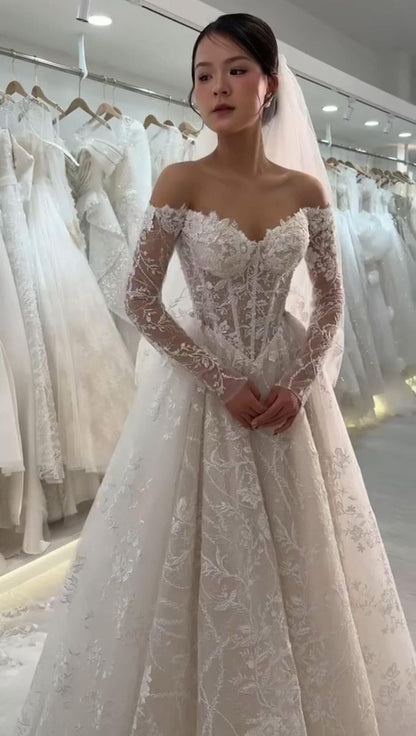 Vestido de novia atemporal, vestido de fiesta, hombros descubiertos, apliques de encaje blanco, mangas largas, vestidos de novia elegantes DH952