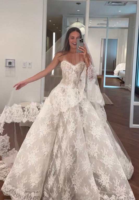 Vestido de novia princesa, vestido de baile, escote corazón, sin mangas, encaje, blanco, bonitos vestidos de novia DH953
