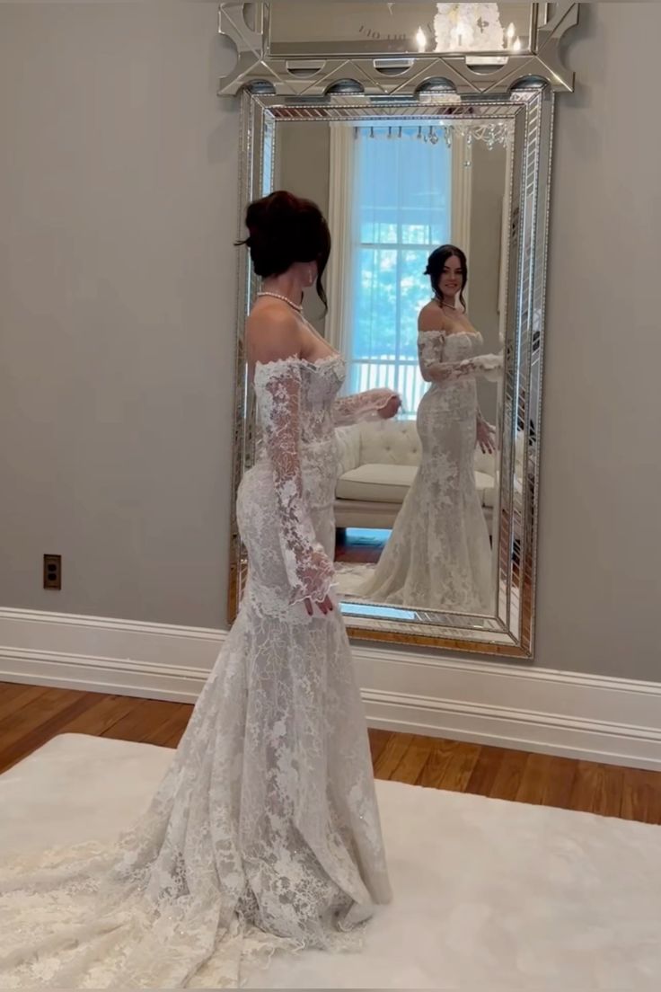 Vestido de novia clásico de corte sirena con hombros descubiertos, encaje blanco, mangas largas, elegante DH954