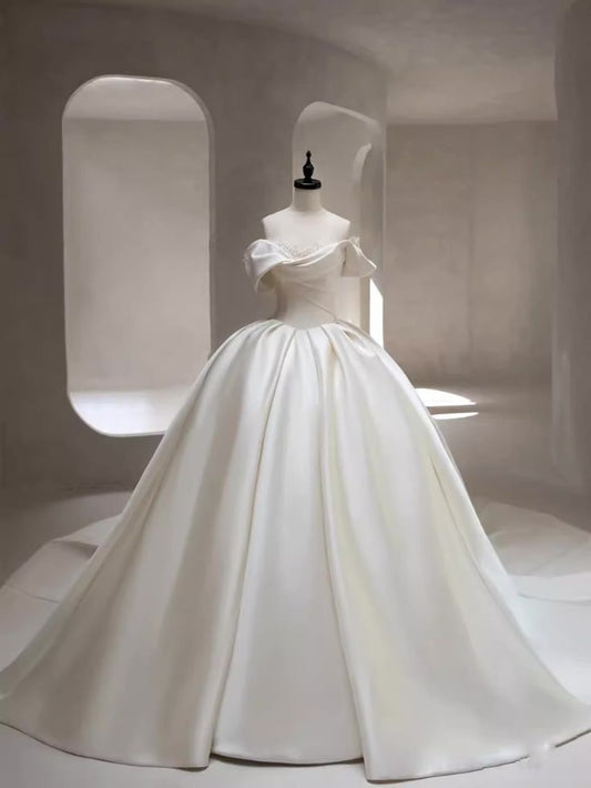 Vestido de novia atemporal, vestido de fiesta con hombros descubiertos, satén blanco, largo plisado, elegante, DH956