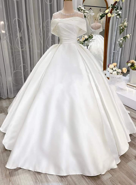 Vestido de novia atemporal, vestido de fiesta con hombros descubiertos, satén blanco, largo plisado, con cuentas plateadas, elegante DH957