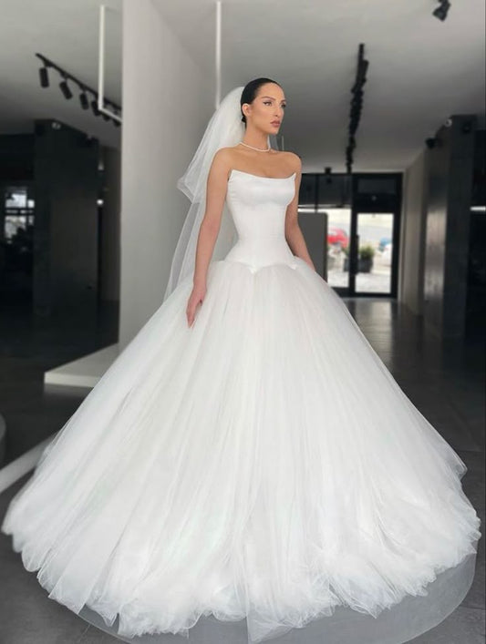 Vestido de novia único, vestido de fiesta, sin tirantes, de tul, sin mangas, blanco, vestidos de novia modestos, DH960