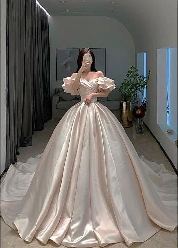 Vestido de novia atemporal, vestido de fiesta con hombros descubiertos, rosa claro, largo, plisado, de satén, elegante, DH961