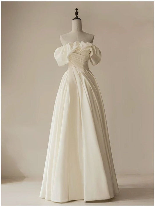 Vestido de novia atemporal, corte A, hombros descubiertos, blanco, largo, plisado, de satén, elegante, DH962
