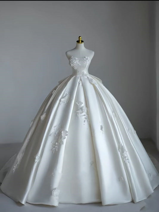 Vestido de novia único, vestido de baile, escote corazón, satén, sin mangas, blanco, vestidos de novia modestos DH963