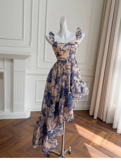 Lindos vestidos de fiesta de verano para octavo grado, de gasa azul con cuello cuadrado, estampado floral, para escuela secundaria, DH96