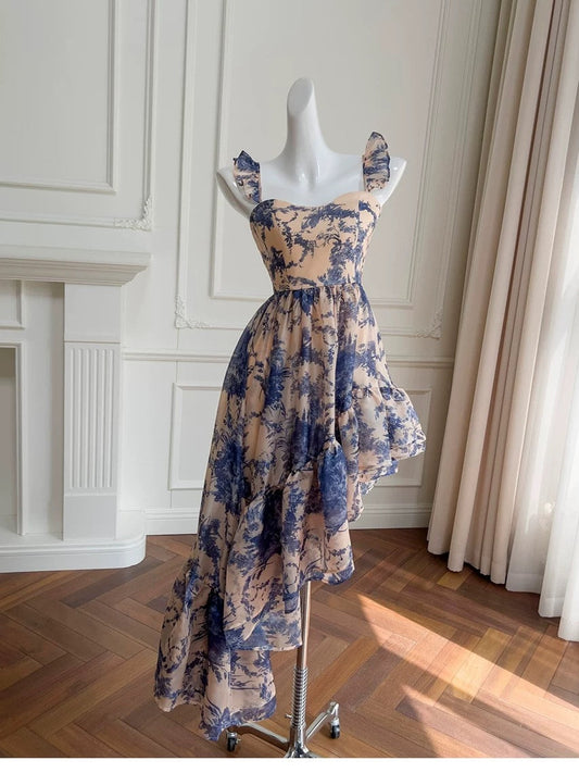 Lindos vestidos de fiesta de verano para octavo grado, de gasa azul con cuello cuadrado, estampado floral, para escuela secundaria, DH96