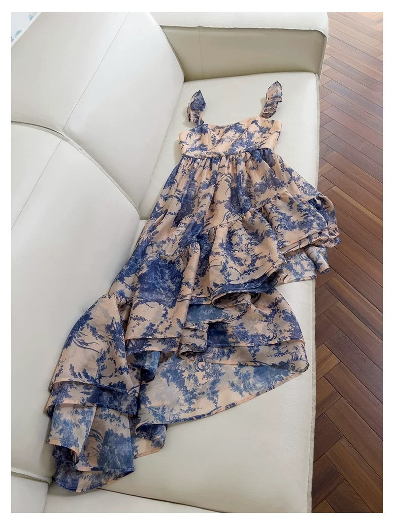 Lindos vestidos de fiesta de verano para octavo grado, de gasa azul con cuello cuadrado, estampado floral, para escuela secundaria, DH96