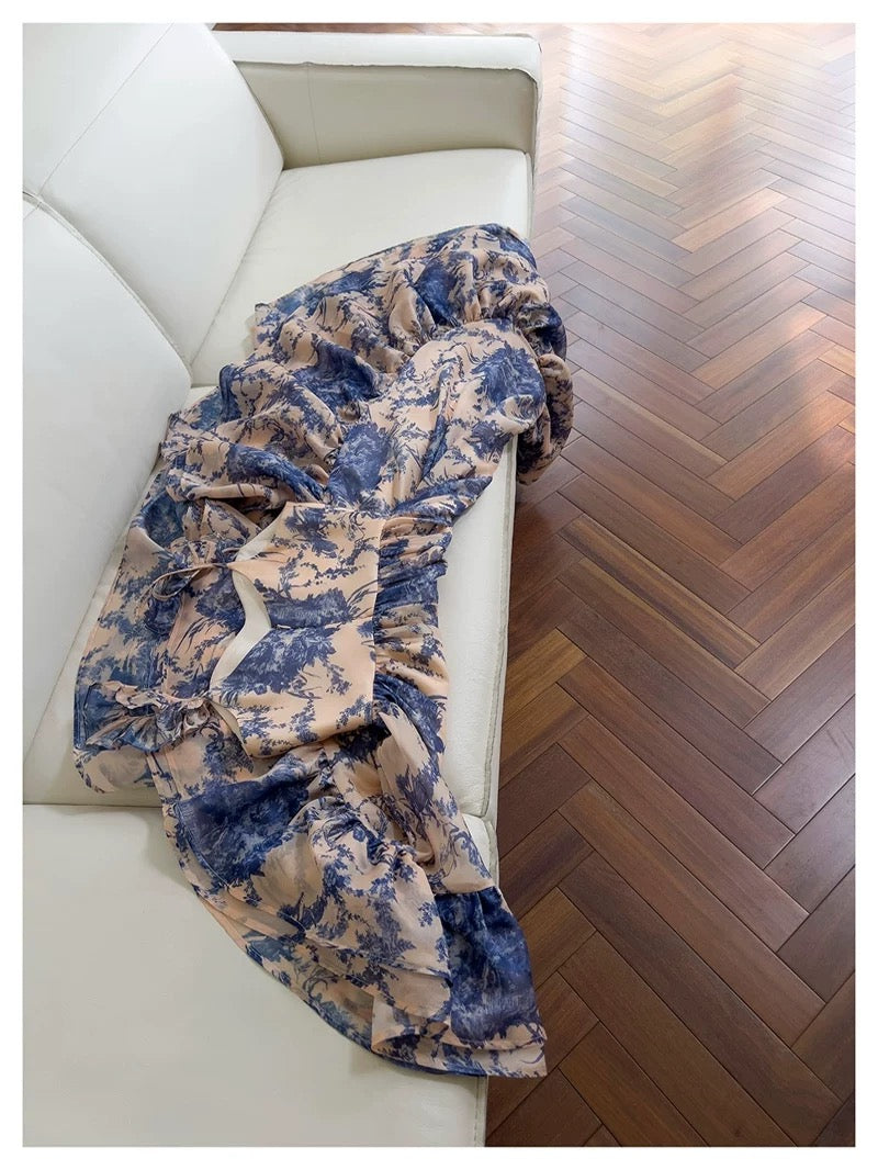 Lindos vestidos de fiesta de verano para octavo grado, de gasa azul con cuello cuadrado, estampado floral, para escuela secundaria, DH96