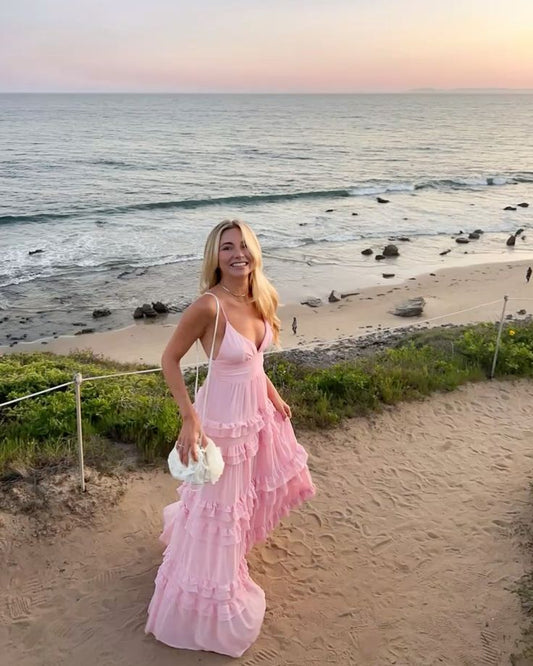 Elegante vestido de fiesta largo de gasa rosa con tirantes finos y corte en A, para verano, para 20 cumpleaños y 18 años, DH990