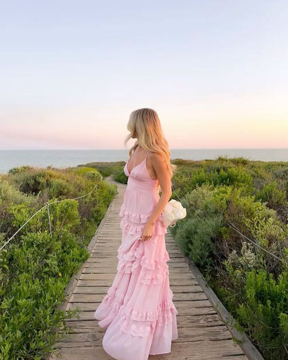 Elegante vestido de fiesta largo de gasa rosa con tirantes finos y corte en A, para verano, para 20 cumpleaños y 18 años, DH990